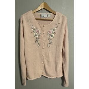 Vintage Keren Hart Womens Cardigan Large Pink Floral Embroidered Cottagecore 90s